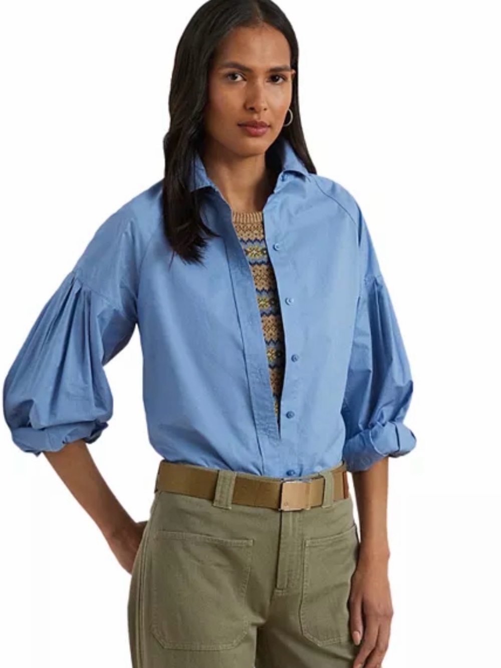 Lauren Ralph Lauren Cotton Poplin Blouson Sleeve Shirt- Size Medium